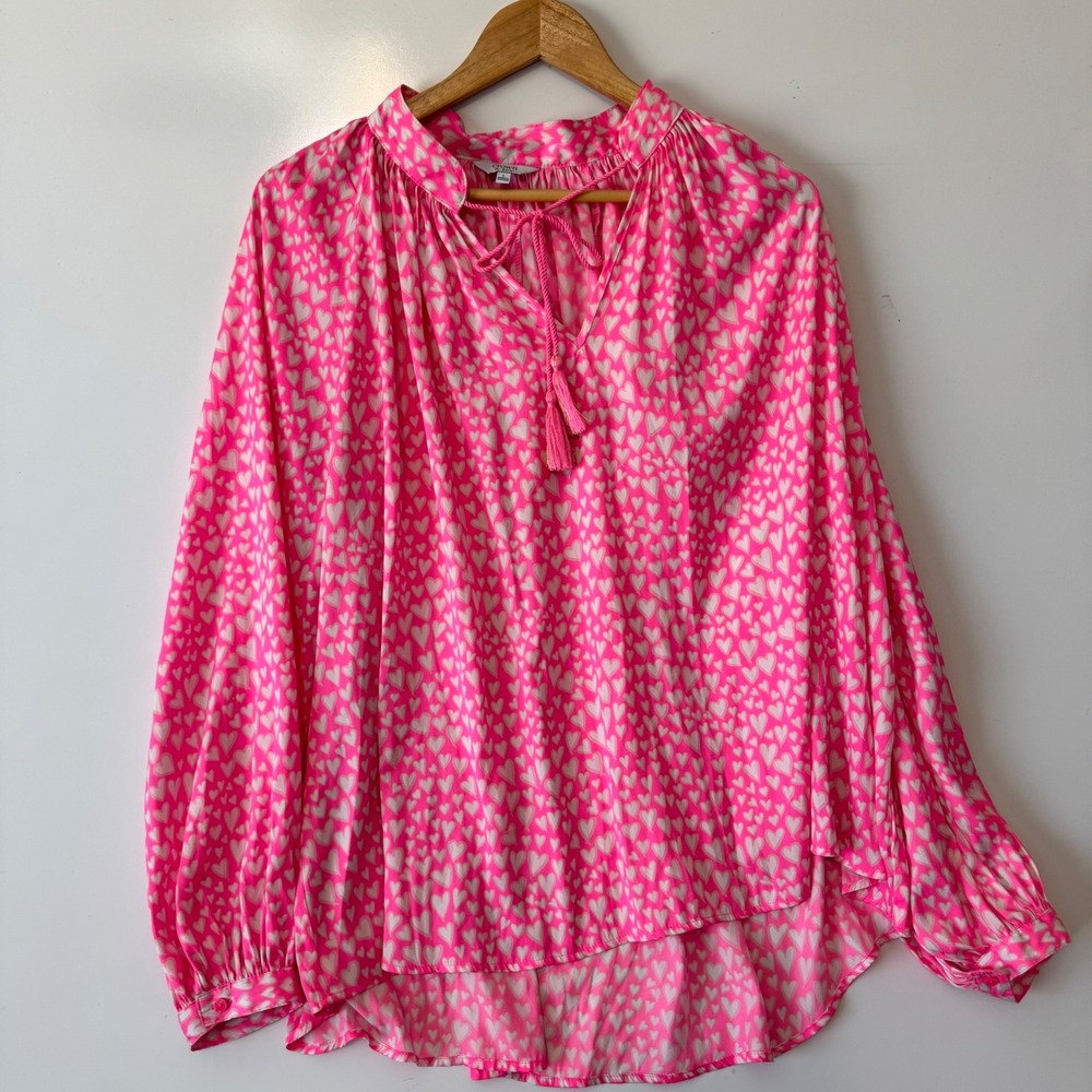 Crown & Ivy Pink Hearts Print Blouse Top Women's L Long Sleeve